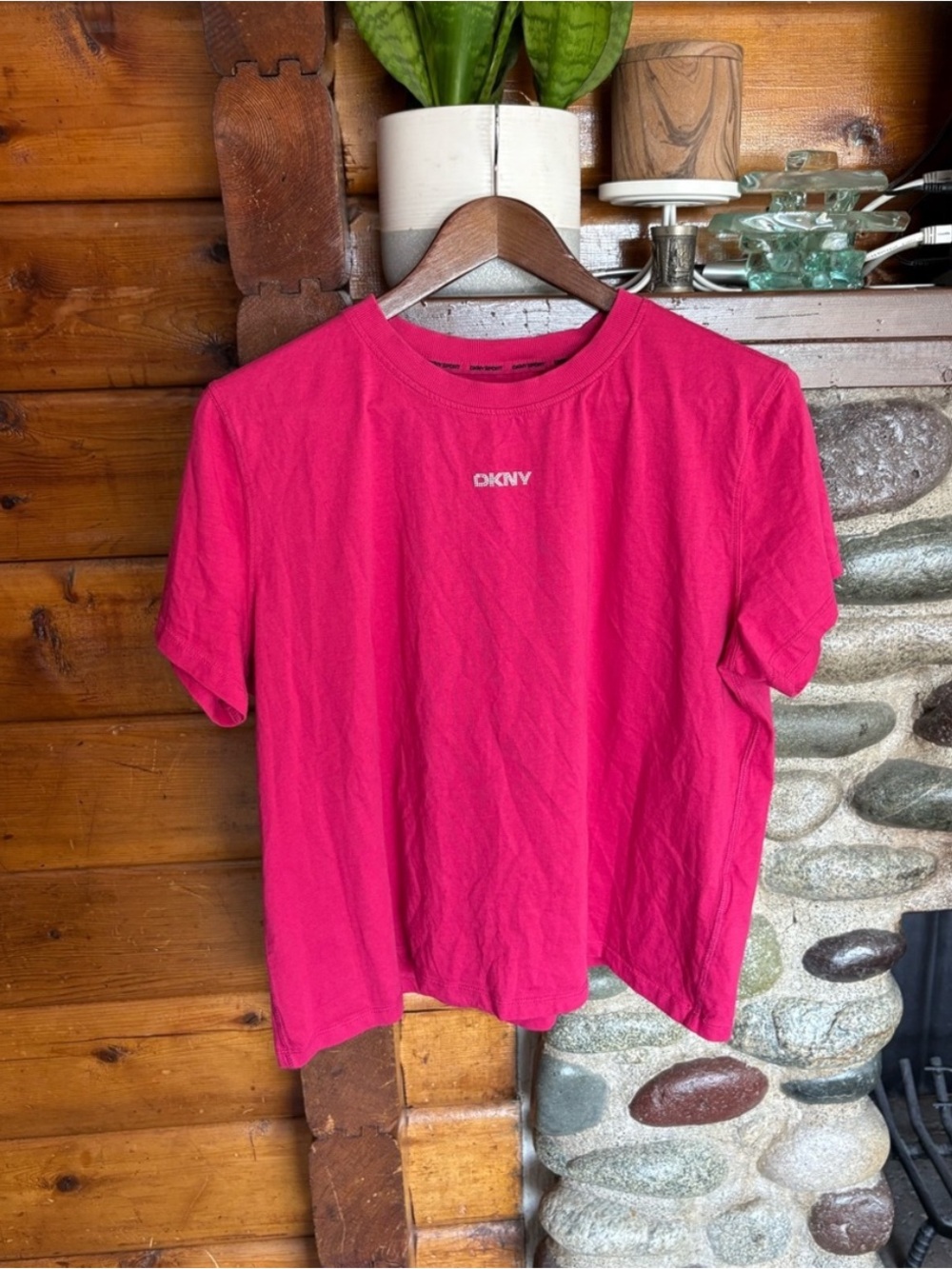 DKNY Hot Pink Rhinestone Logo Baby Tee Y2K McBling Size XL
